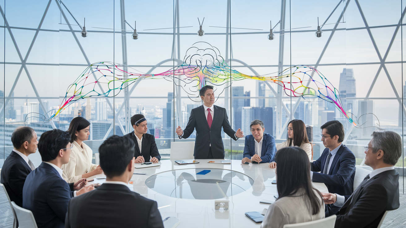 Diverse professionals in a modern Singapore office workshop with cityscape view.