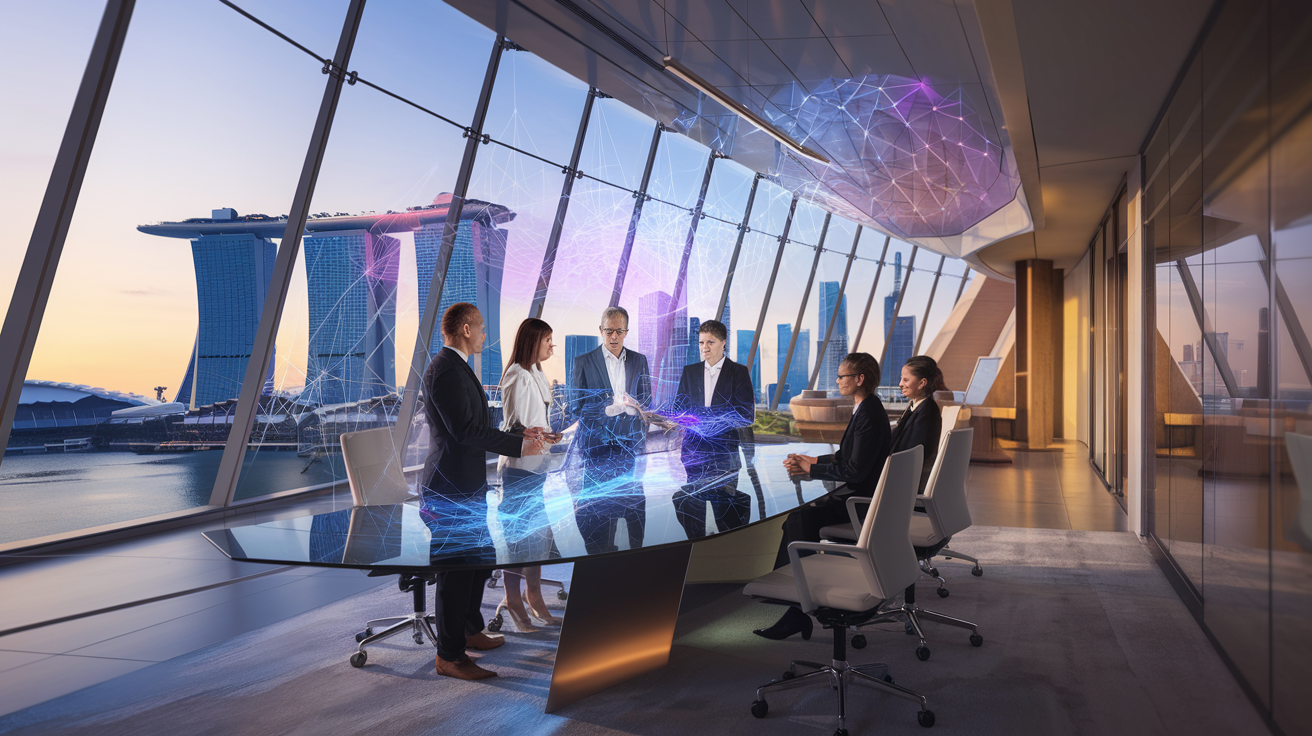 HR team at glass table with holographic visuals, Singapore skyline backdrop.