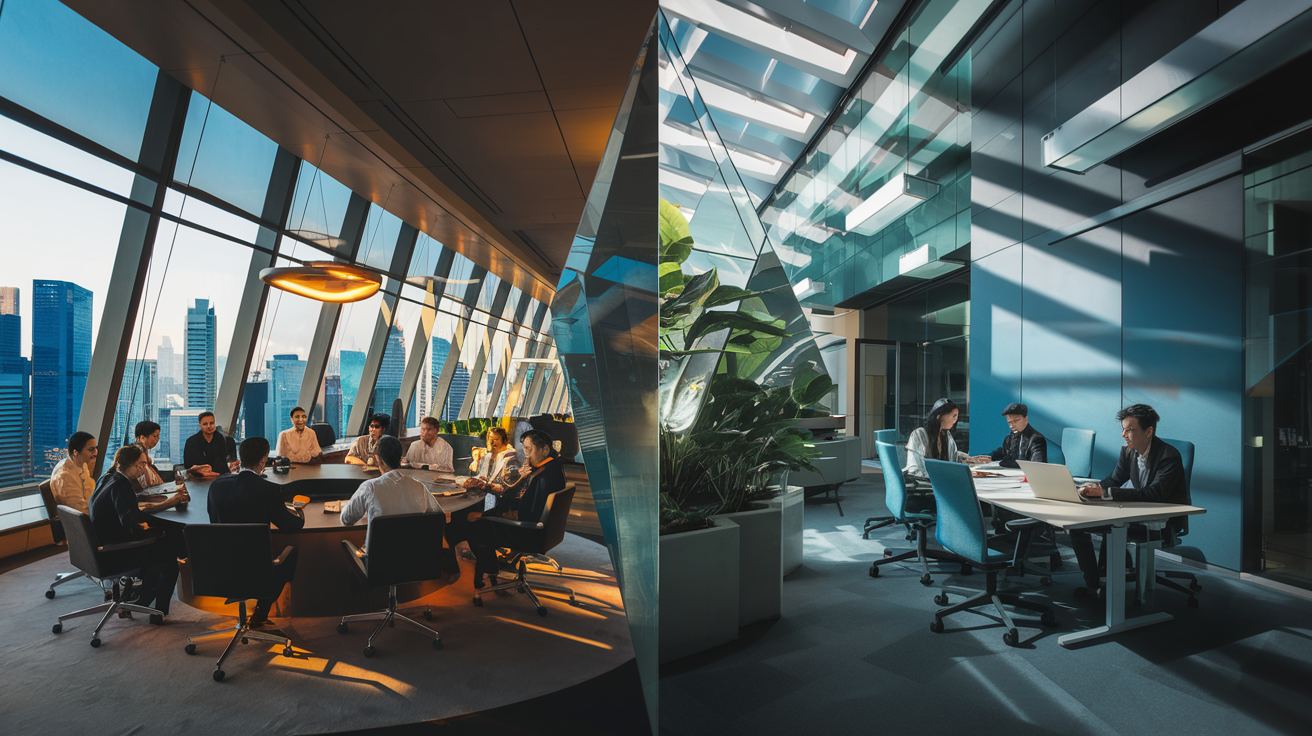 Split-screen of diverse teams in modern Singapore offices with prismatic divider.