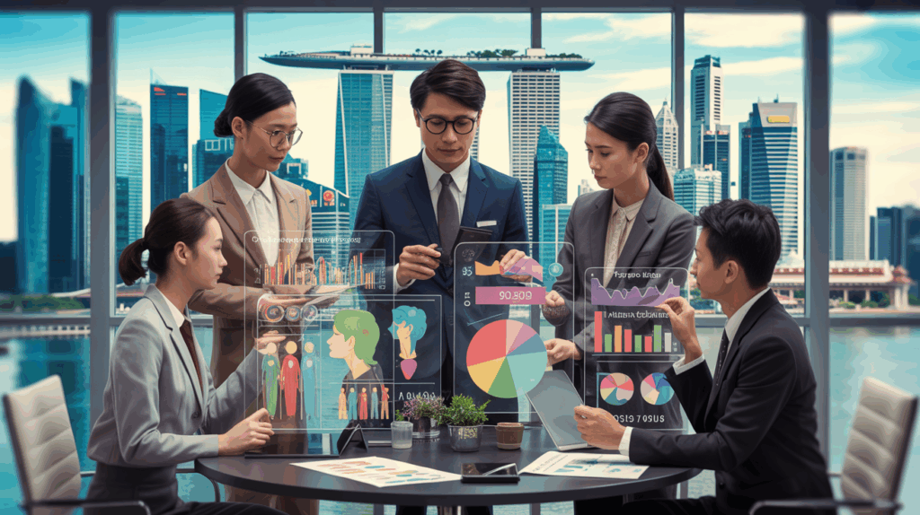 Asian professionals in a Singapore office analyzing colorful psychometric data on glass screens.