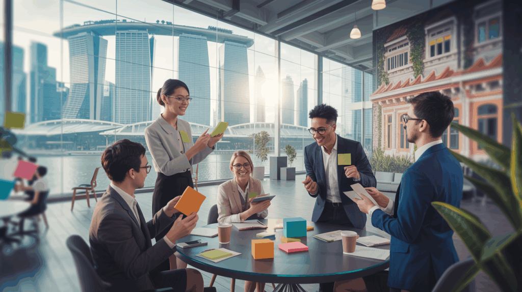 Bright corporate workspace in Singapore with diverse professionals in an engaging workshop.