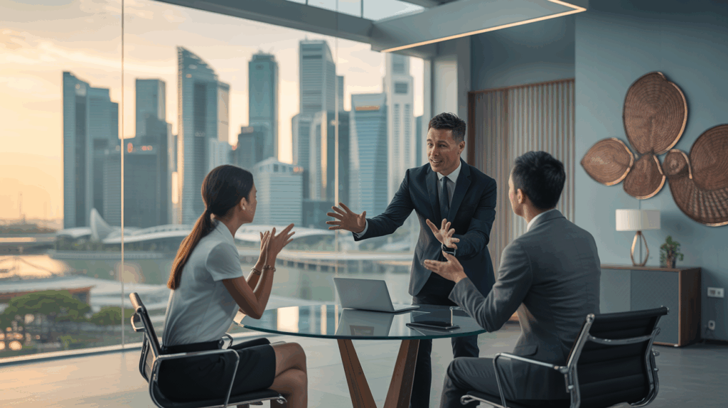 Business leaders in a coaching session in a sleek Singapore office with skyline view.