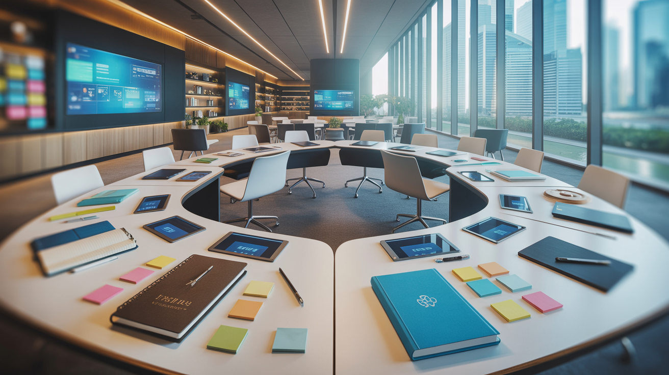 Contemporary Singapore office with curved desks, digital screens, and city skyline view.