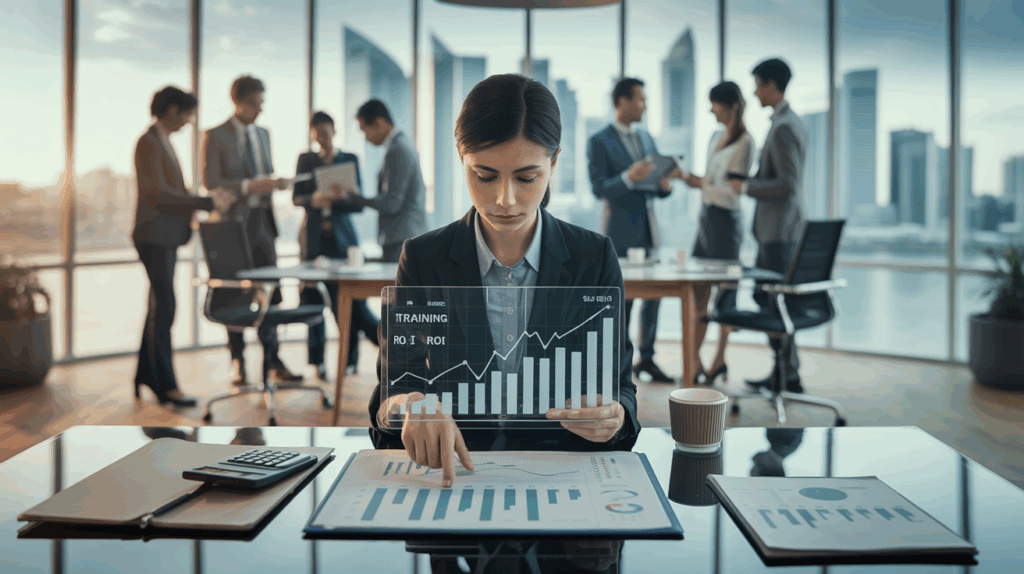 Minimalist office in Singapore, HR professional analyzes ROI data with skyline view.