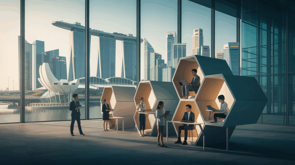 Minimalist Singapore skyline at dawn with Marina Bay Sands, shophouses, and glowing learning pods.