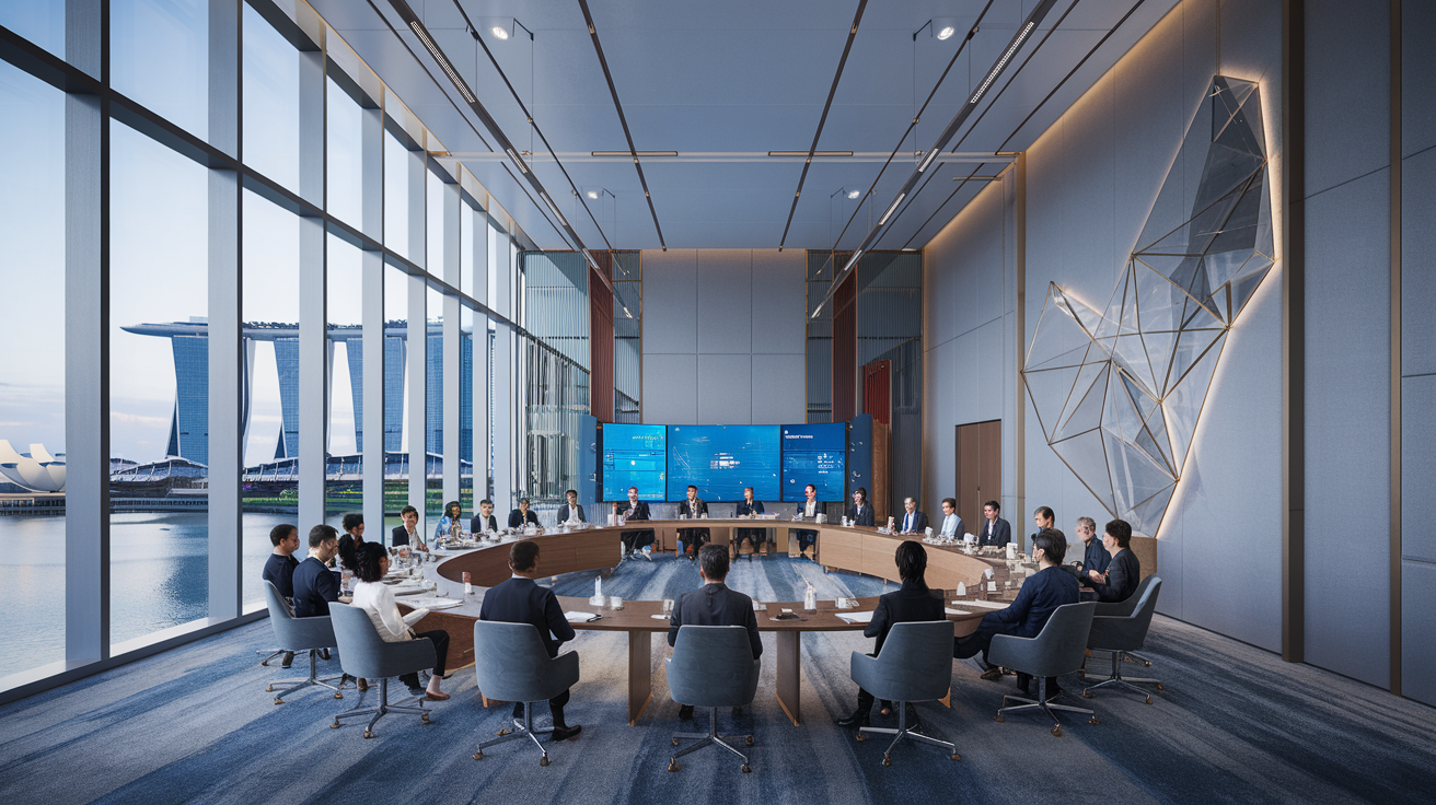Modern conference room with diverse leaders, Marina Bay Sands view, warm light, and digital displays.