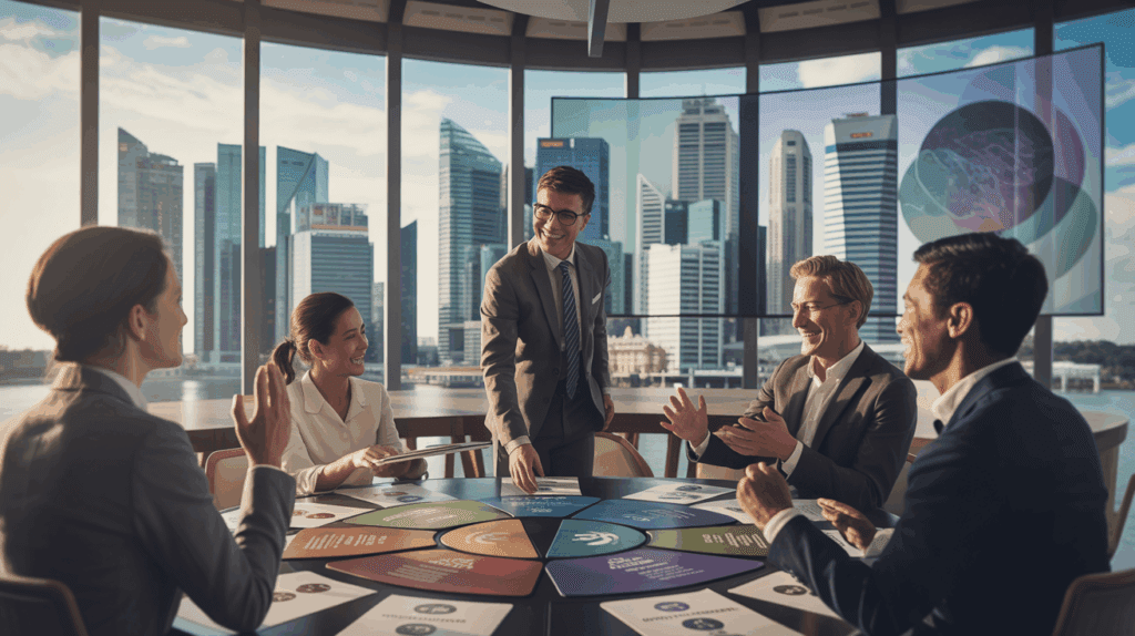 Modern corporate training room in Singapore with city skyline, diverse managers in workshop.