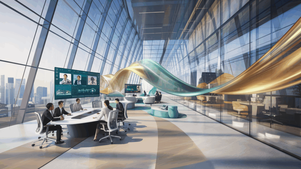 Modern office in Singapore with glass architecture, hybrid collaboration, and city skyline.