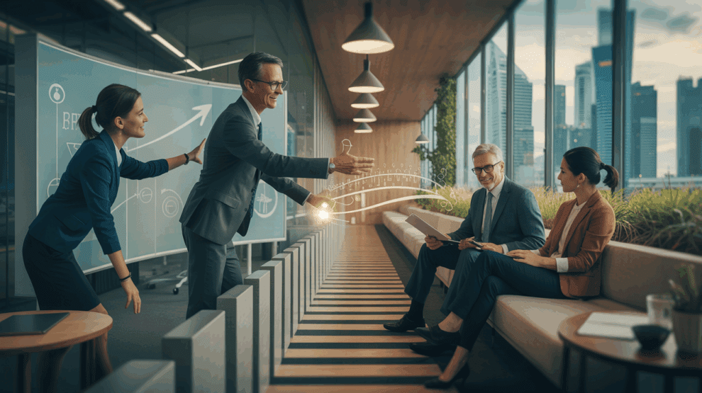 Modern office with coaching on left, mentoring on right, view of Singapore skyline.
