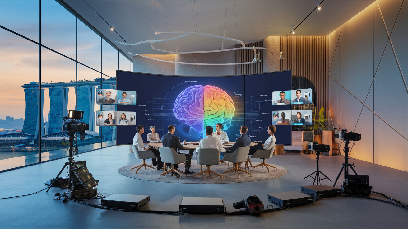 Modern office with Singapore skyline, diverse professionals in virtual workshop, vibrant brain-mapping display.