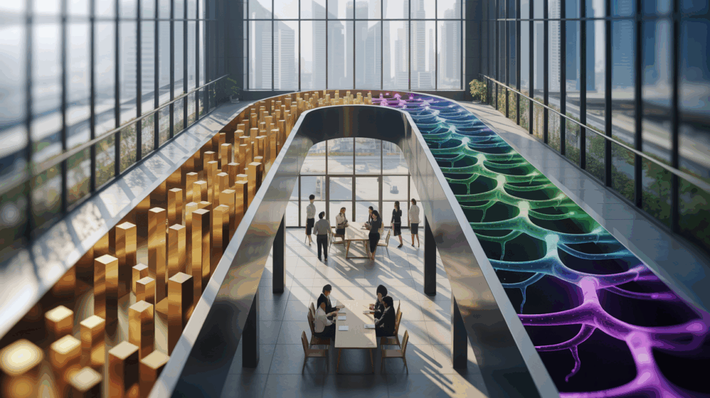 Modern office with two pathways, golden structures, neural patterns, and Singapore skyline.