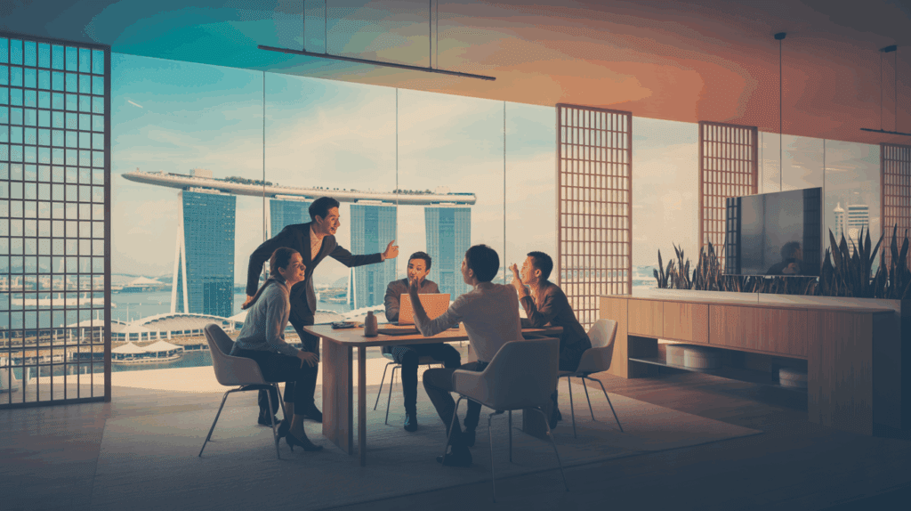 Modern Singapore office, diverse team collaborates with Marina Bay Sands view.