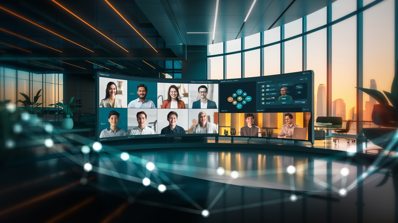 Modern Singapore office with digital display of diverse team, virtual activities, and skyline view.