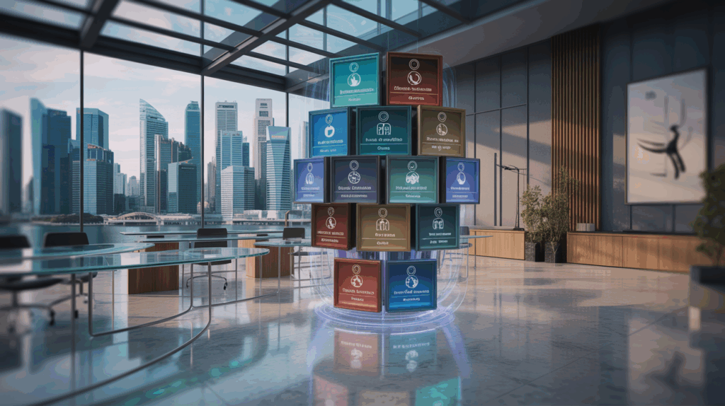 Modern Singapore office with holographic badges, glass workstations, and Marina Bay view.