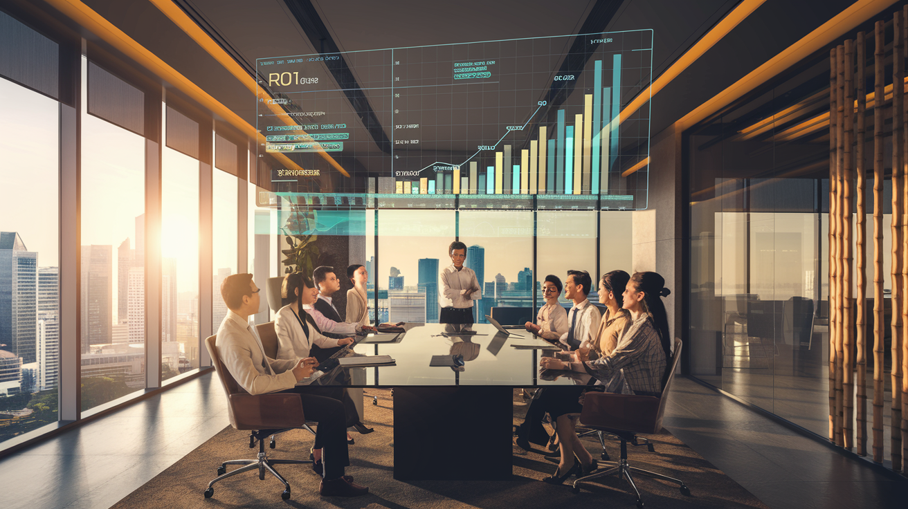 Modern Singapore office with Marina Bay view, team around glass table with 3D data hologram.