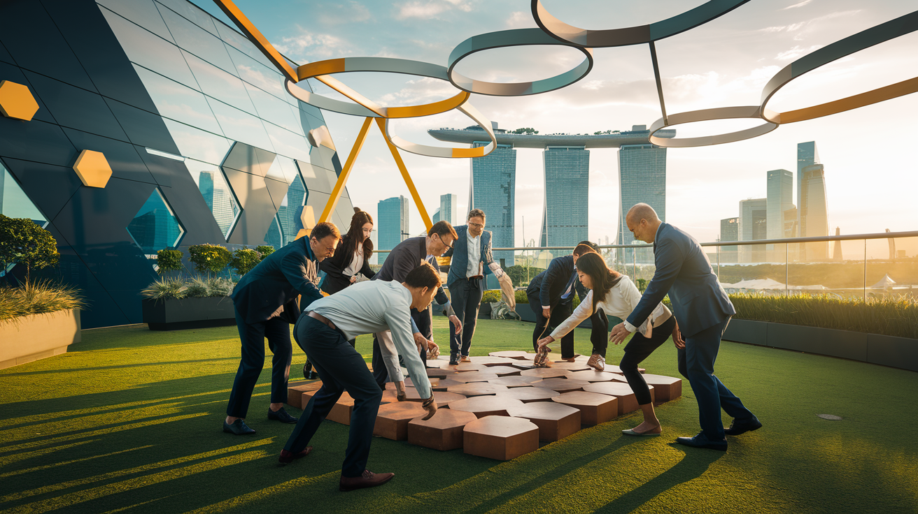 Professionals on a rooftop garden solving a puzzle at golden hour with Marina Bay Sands skyline.
