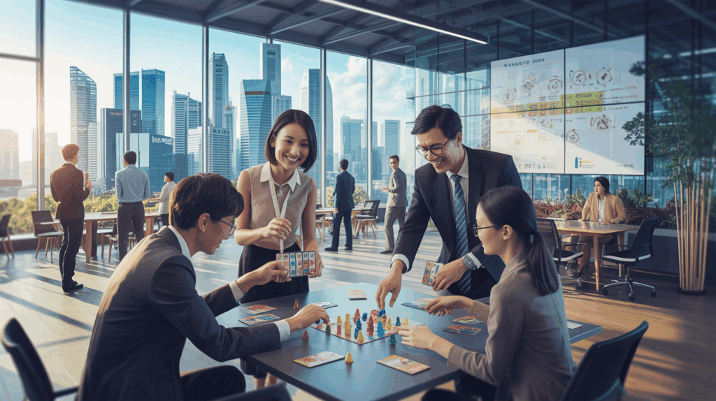 Professionals play a board game in a modern Singapore office with city skyline view.
