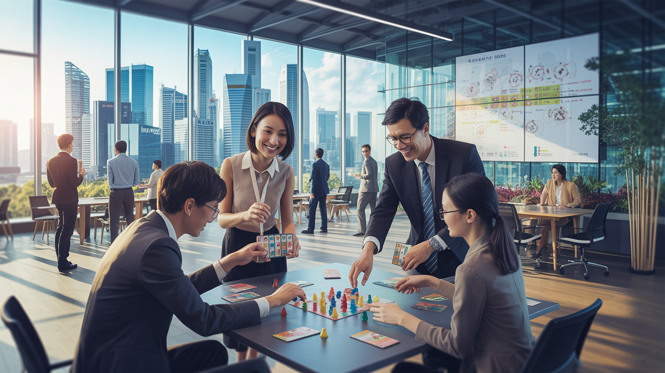 Professionals play a board game in a modern Singapore office with city skyline view.