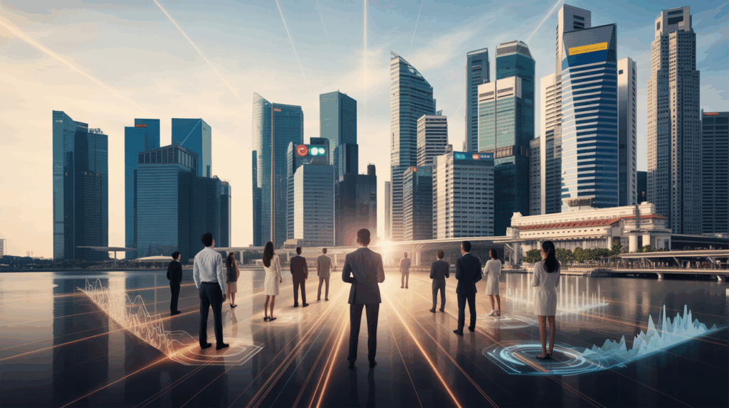 Singapore skyline at dawn with diverse business leaders on a futuristic platform.