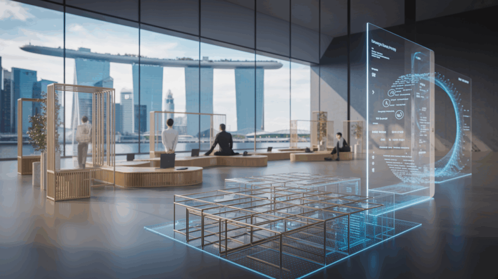 Sleek Singapore training room with Marina Bay Sands view, holographic display, warm lighting.