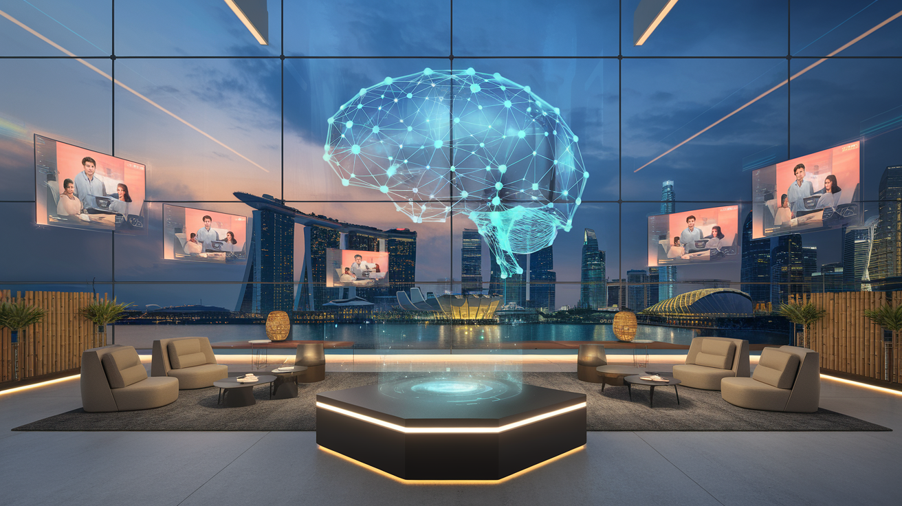 Sophisticated office with holographic display, Marina Bay skyline, blue lighting.