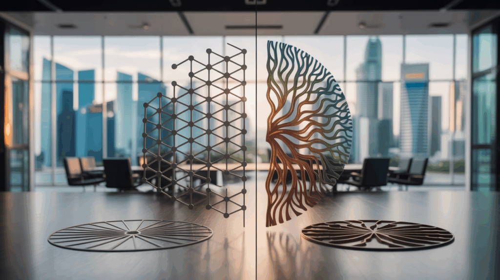 Split-screen of modern office with geometric and neural patterns merging, overlooking Singapore skyline.