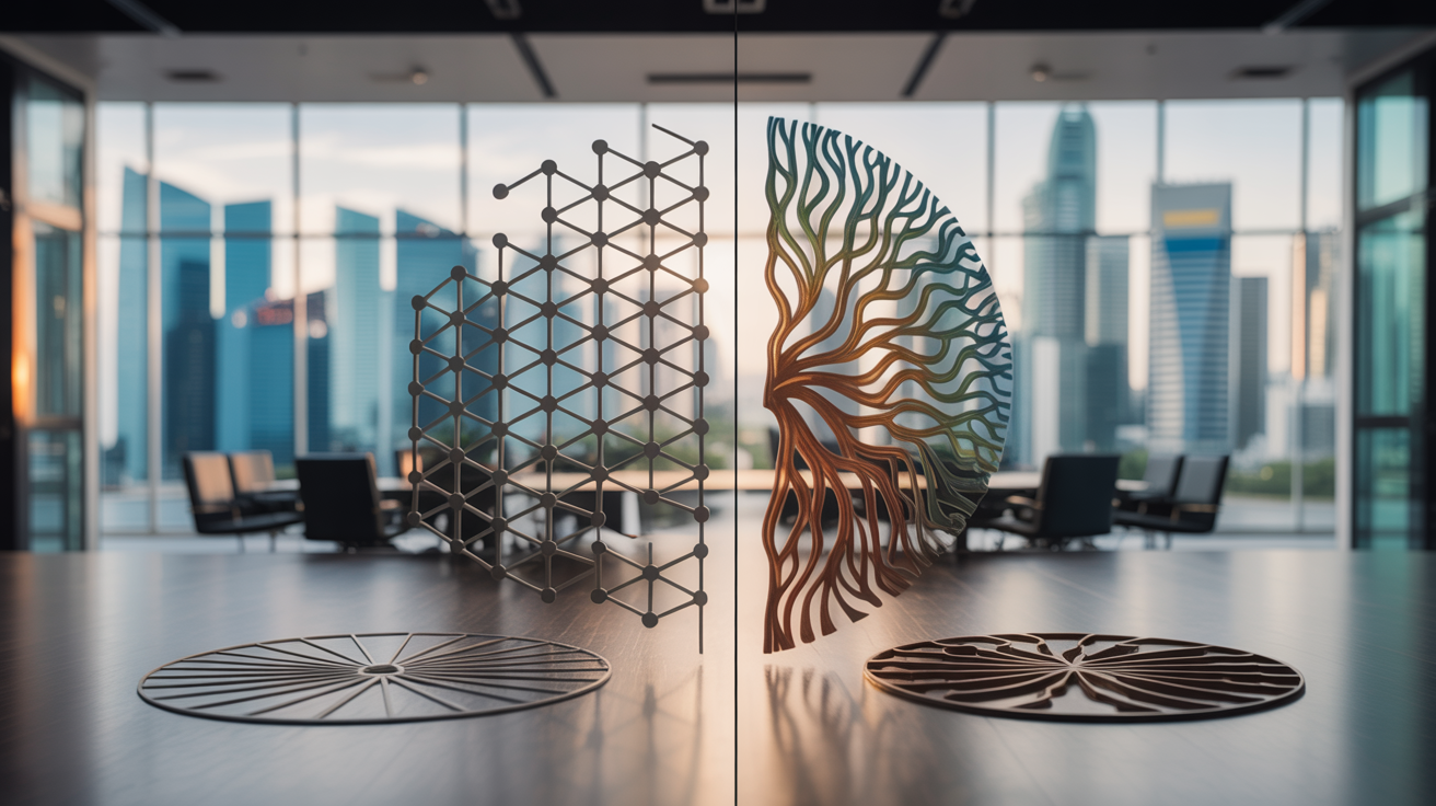 Split-screen of modern office with geometric and neural patterns merging, overlooking Singapore skyline.