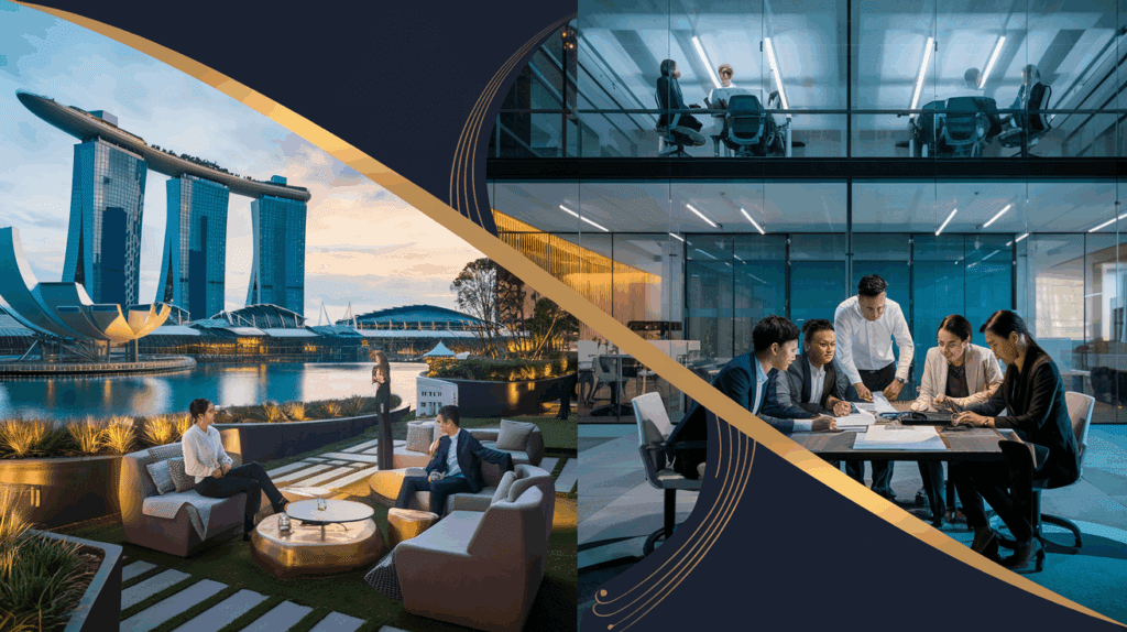 Split-screen of Singapore's corporate scene: outdoor networking at Marina Bay Sands and indoor workshop in a modern office.