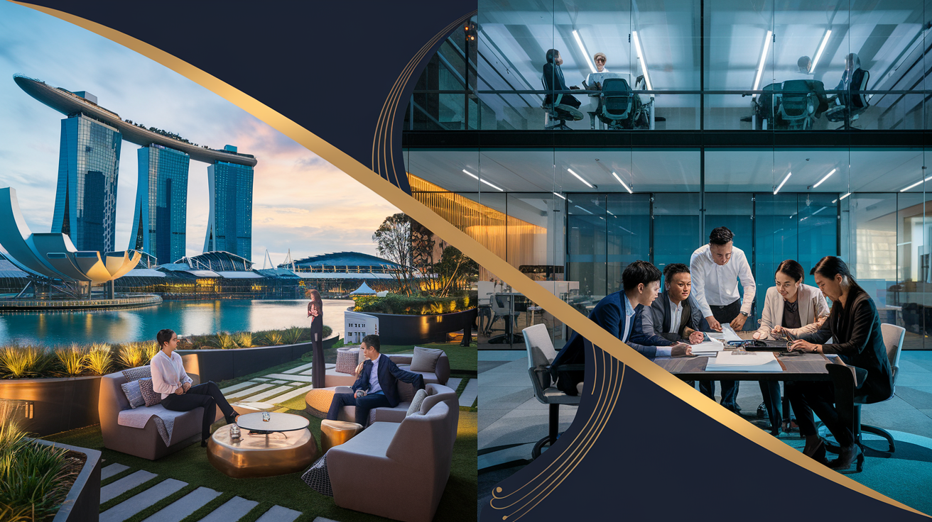Split-screen of Singapore's corporate scene: outdoor networking at Marina Bay Sands and indoor workshop in a modern office.