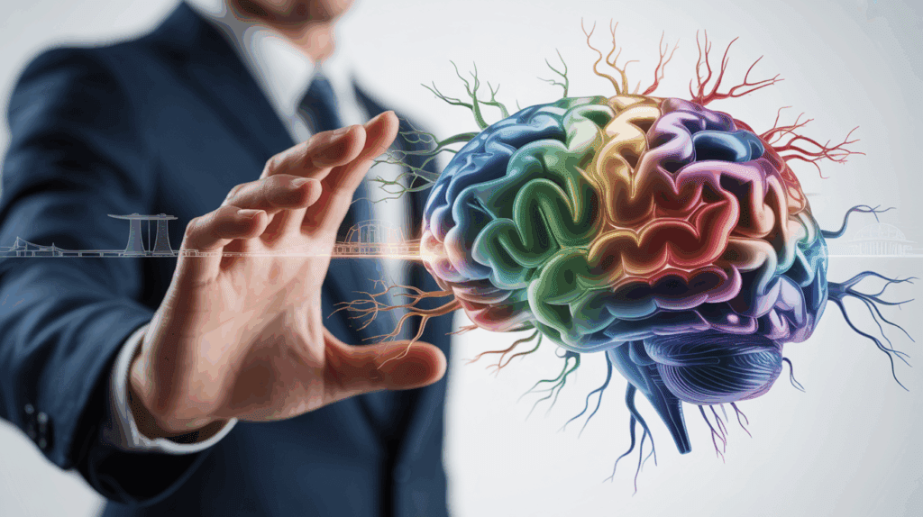 3D brain with colorful neural paths, hand reaching, Asian elements, corporate vibe.