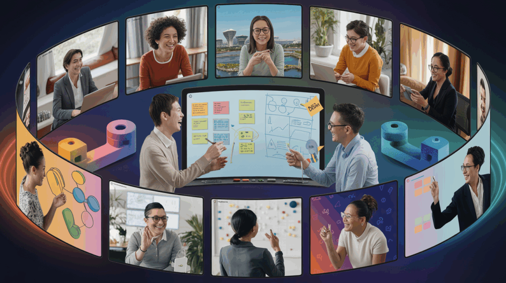 Aerial view of diverse team on virtual meeting screens in spiral, with interactive whiteboard and Singapore skyline.