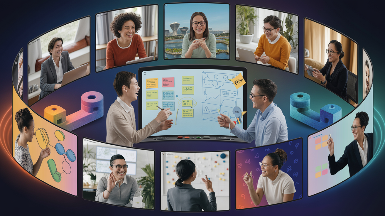 Aerial view of diverse team on virtual meeting screens in spiral, with interactive whiteboard and Singapore skyline.