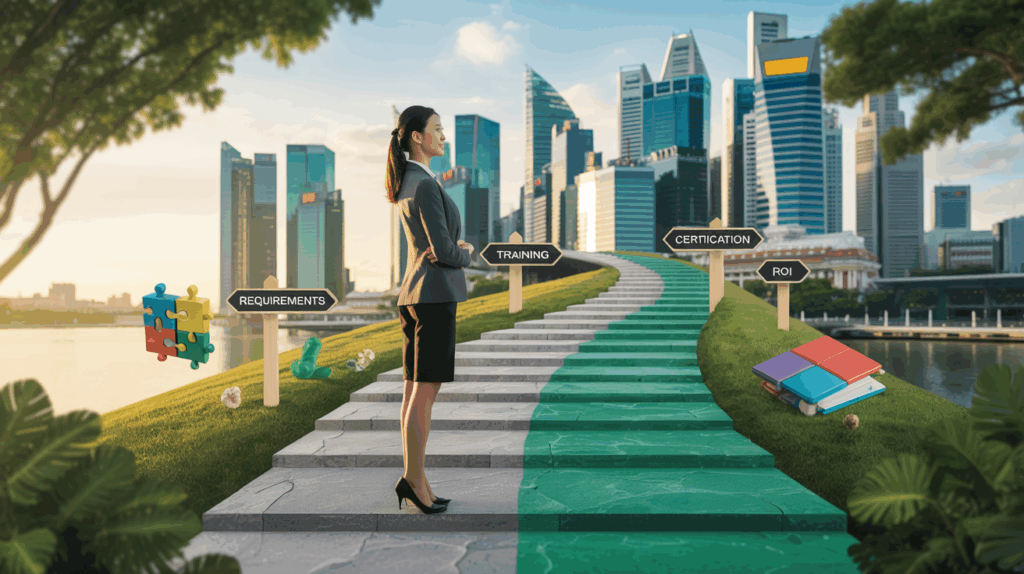 Asian businesswoman on a path to modern building with milestones, Singapore skyline, tropical greenery.