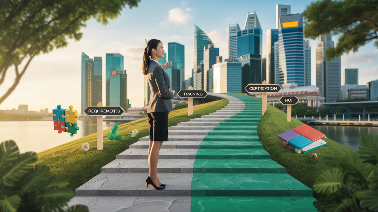 Asian businesswoman on a path to modern building with milestones, Singapore skyline, tropical greenery.