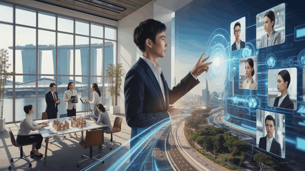 Asian manager leads hybrid workspace in Singapore, blending office and virtual realms.