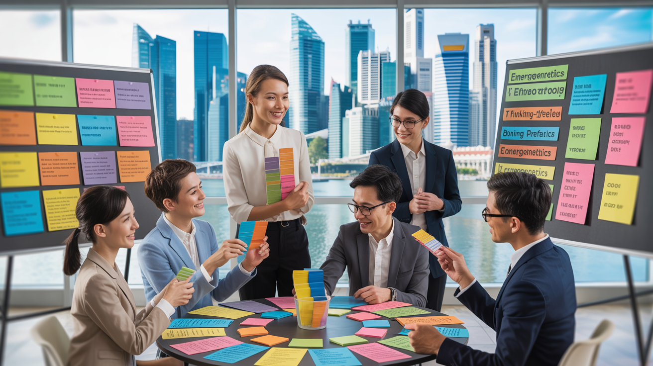 Asian professionals in a Singapore workshop, engaging with colorful Emergenetics materials.