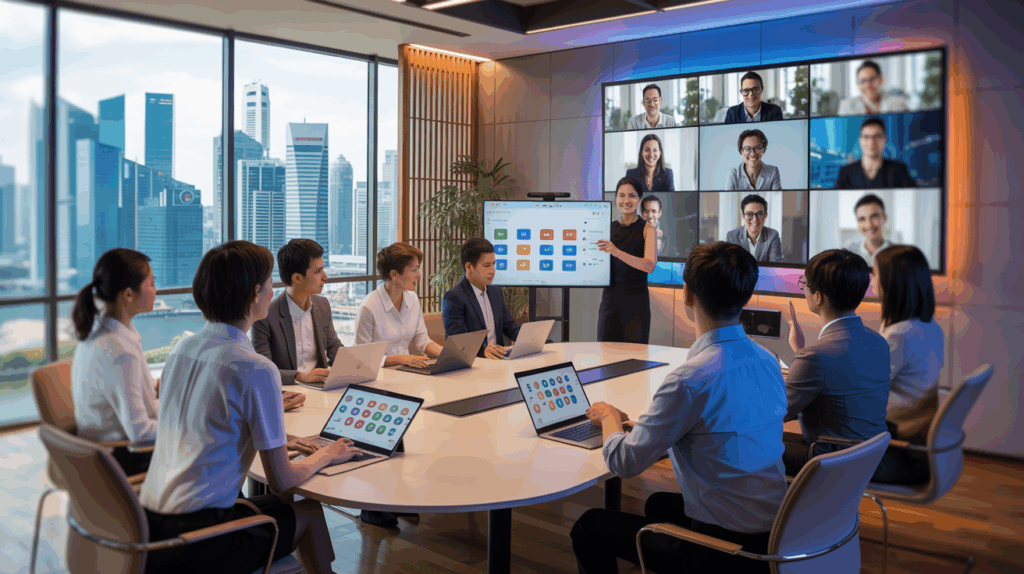 Conference room with diverse professionals, skyline view, hybrid meeting setup.