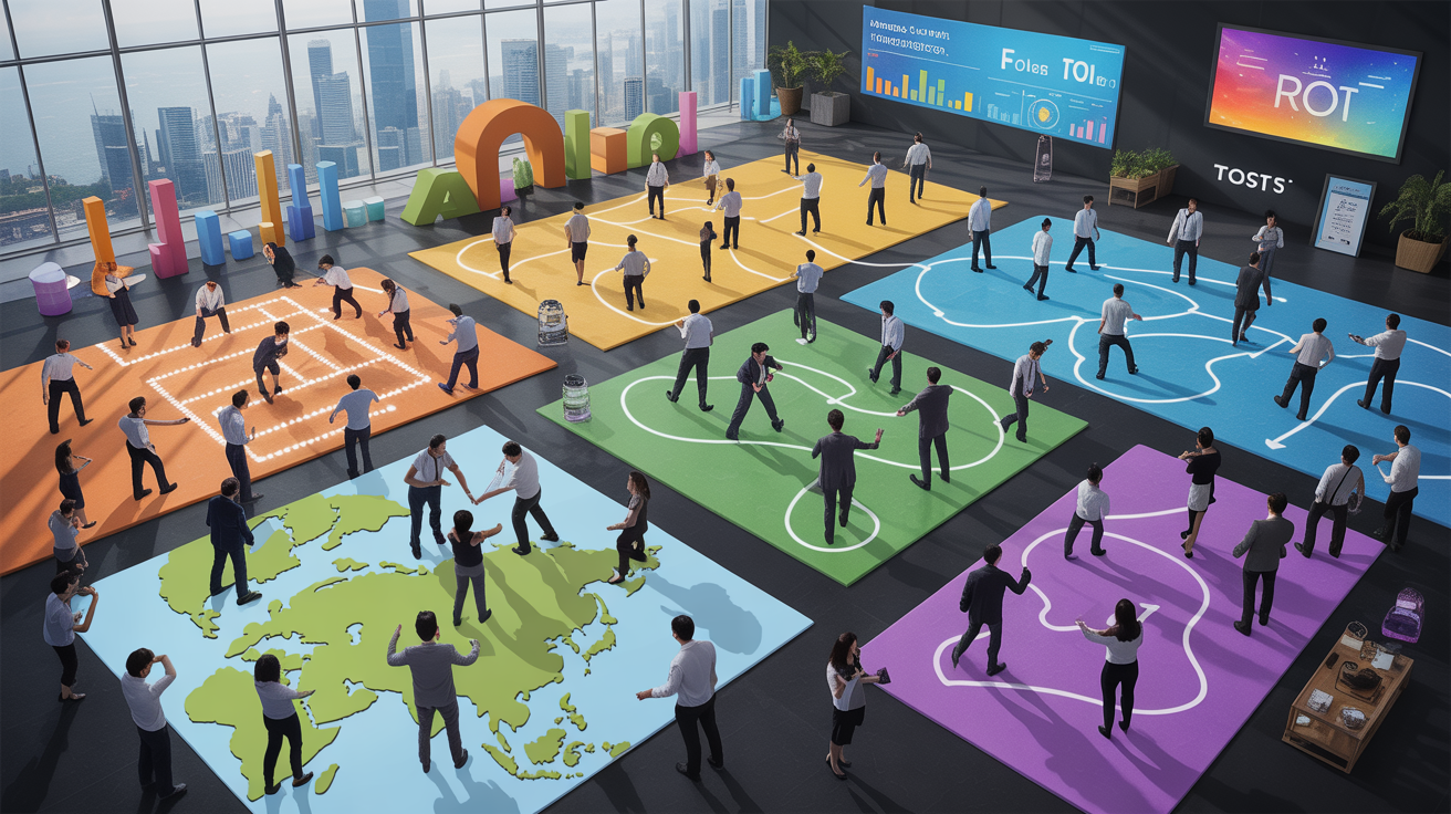 Corporate event in Singapore with diverse teams solving challenges, colorful zones, skyline view.