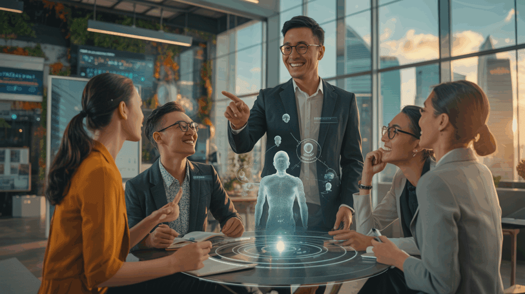Diverse business leaders collaborate around a table with 3D holographic display in a modern Singapore office.