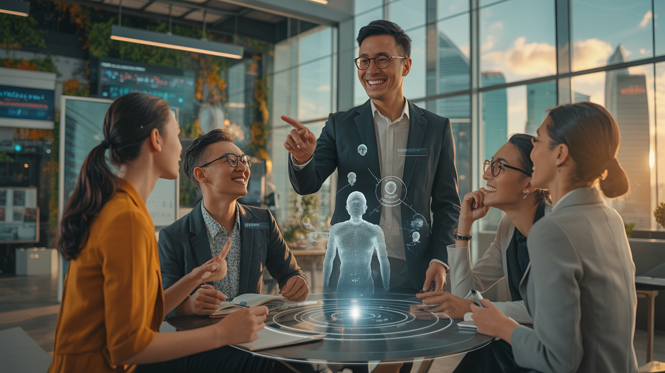 Diverse business leaders collaborate around a table with 3D holographic display in a modern Singapore office.