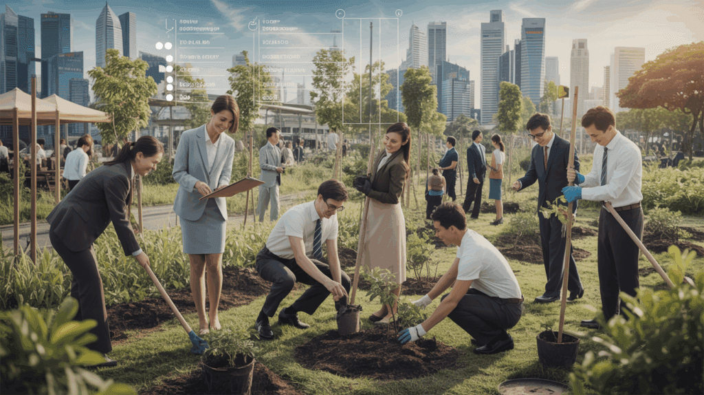 Diverse corporate team and residents plant trees in Singapore garden, skyline in background.
