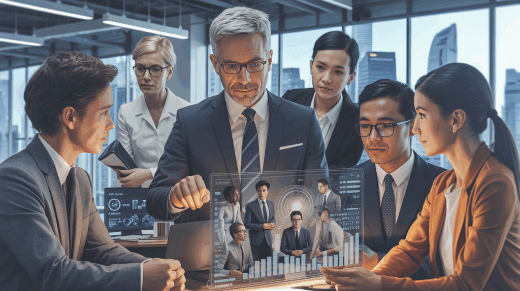 Diverse managers in modern office, leading digital collaboration with skyline view.