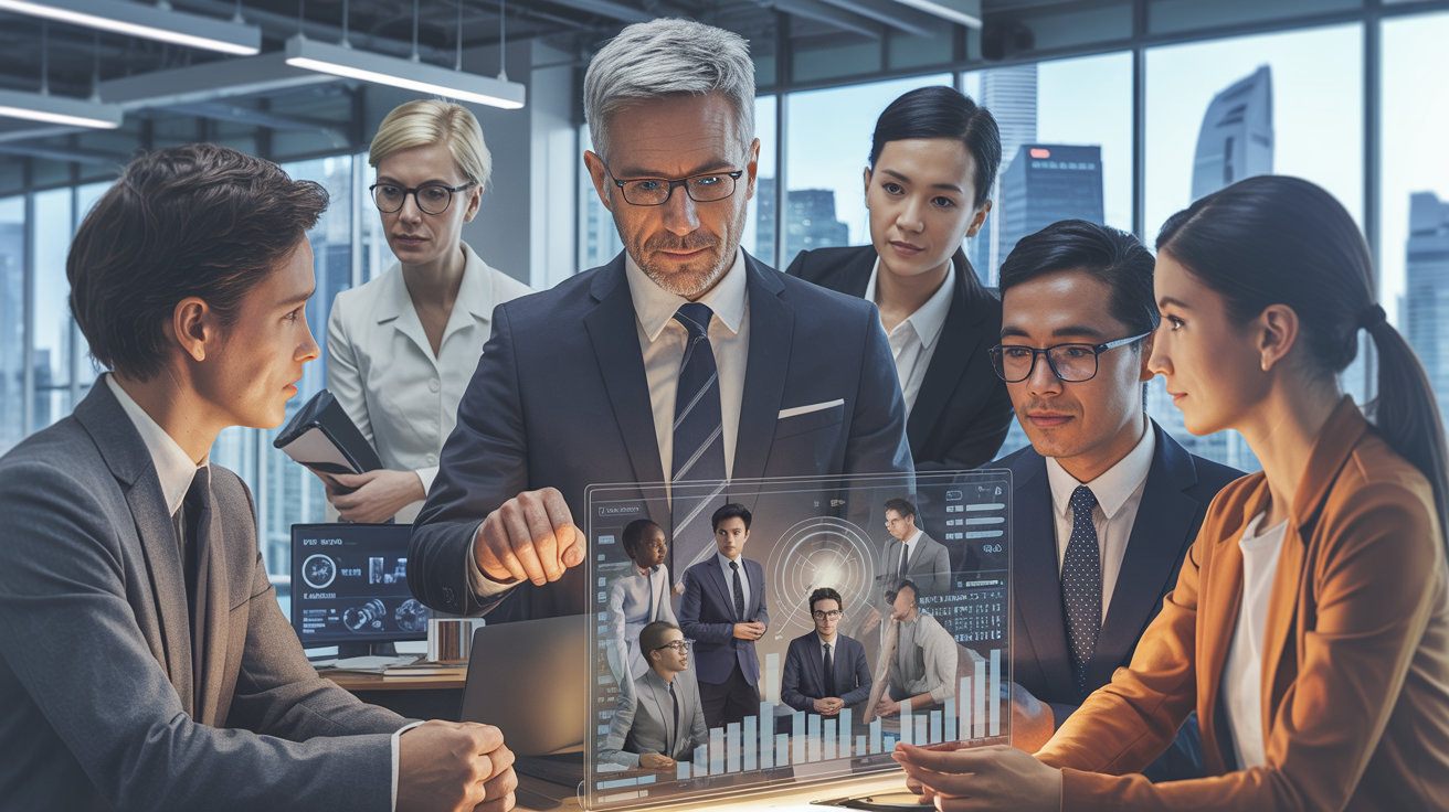 Diverse managers in modern office, leading digital collaboration with skyline view.