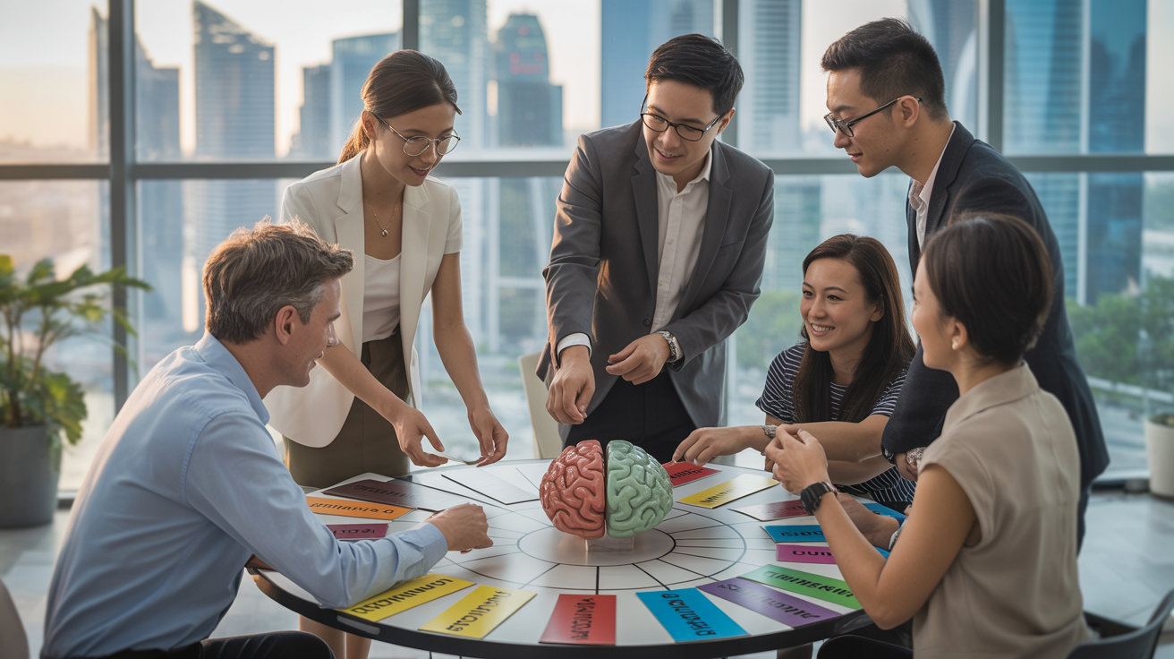 Diverse professionals in a Singapore office engaged in an Emergenetics workshop with colorful brain-mapping materials.
