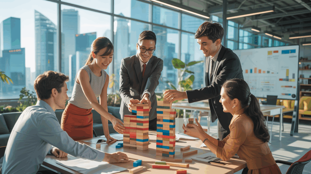 Diverse team collaborates on colorful blocks in sleek Singapore office with skyline view.