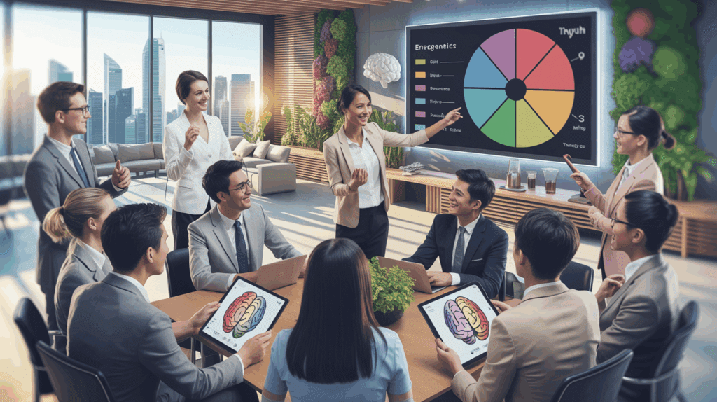 Diverse team in Singapore meeting room engages with Emergenetics wheel and brain diagrams.