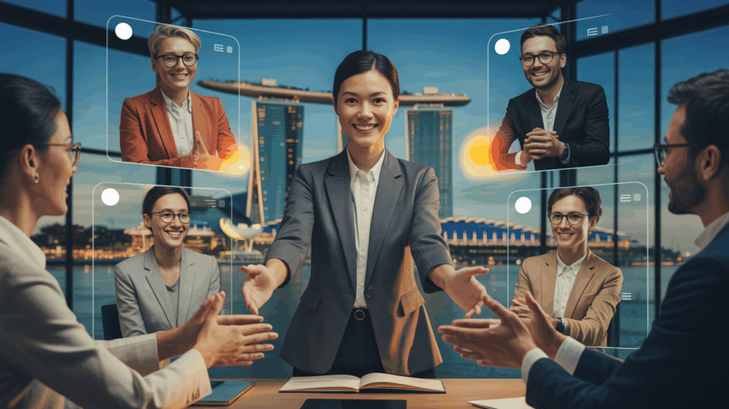 Diverse team in virtual onboarding with Singapore skyline, warm lighting, digital tools.