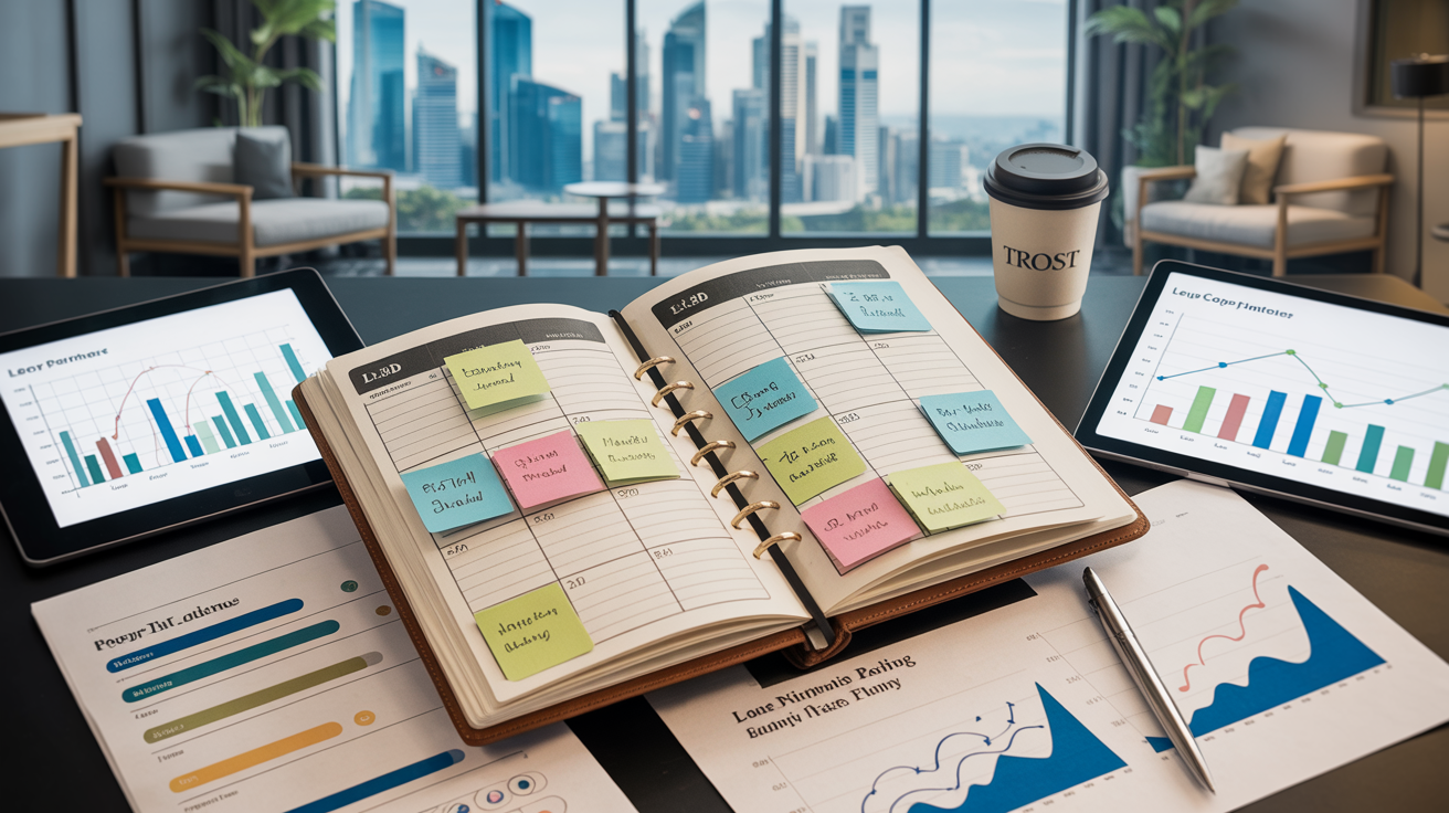 Elegant planner with color-coded sections, KPI charts, Singapore skyline, bamboo accents.