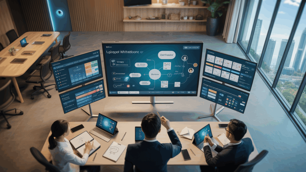 Elegant Singapore workshop with virtual whiteboard, modern design, and city view.