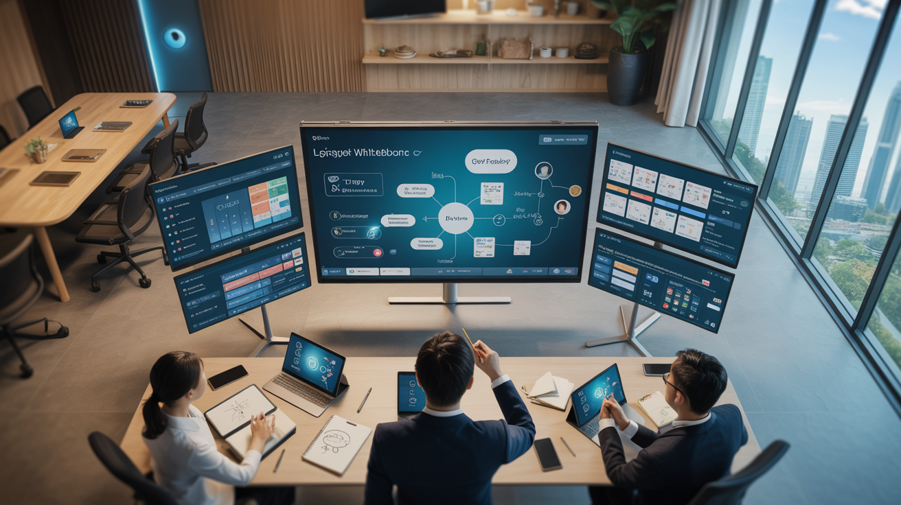 Elegant Singapore workshop with virtual whiteboard, modern design, and city view.
